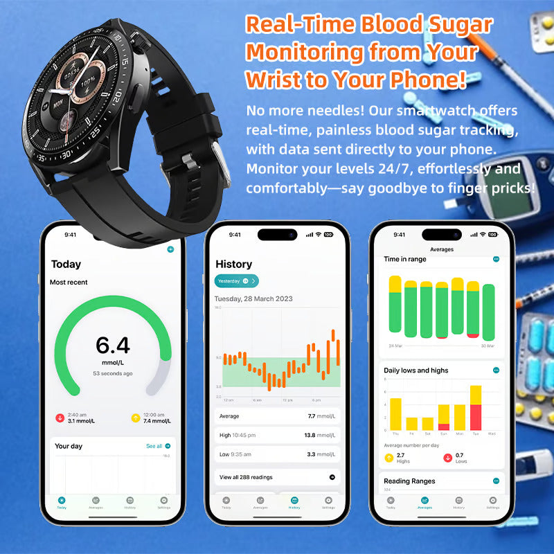 🔥🔥HW GT5 Pro Painless Blood Glucose ALL DAY Real-Time Monitoring Smart Bluetooth Watch